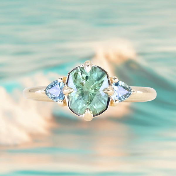 1.55ct Cushion Cut Montana Sapphire and Trillion Sapphire Antique Compass Set Low Profile Ring in 14k Yellow Gold
