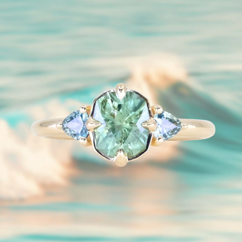1.55ct Cushion Cut Montana Sapphire and Trillion Sapphire Antique Compass Set Low Profile Ring in 14k Yellow Gold