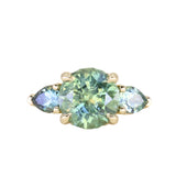 2.75ct Round Untreated Parti Montana Sapphire and Pear Montana Sapphire Three Stone Low Profile Scallop Ring in 18k Yellow Gold