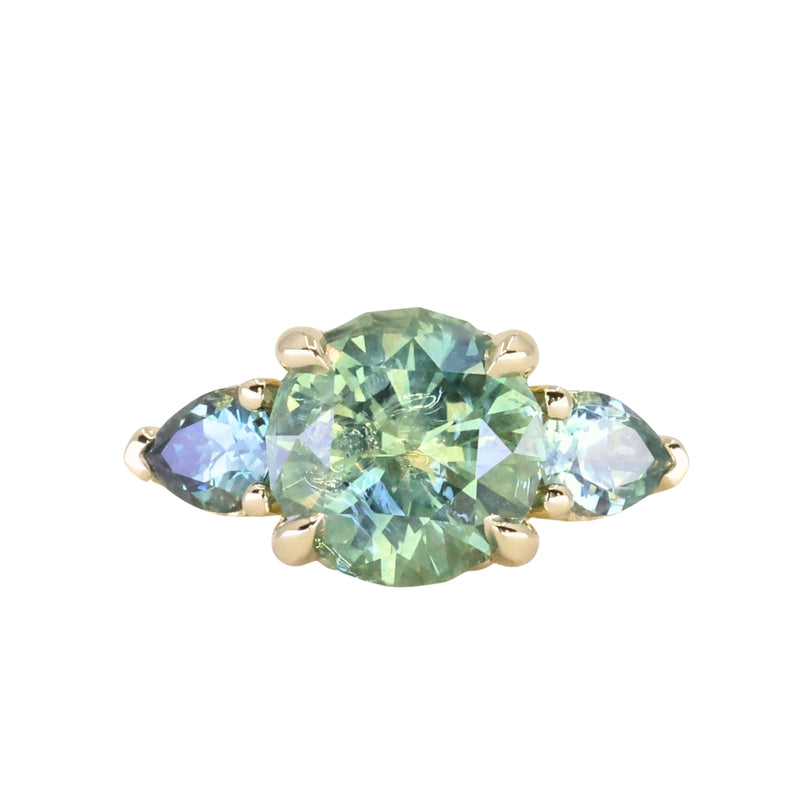 2.75ct Round Untreated Parti Montana Sapphire and Pear Montana Sapphire Three Stone Low Profile Scallop Ring in 18k Yellow Gold