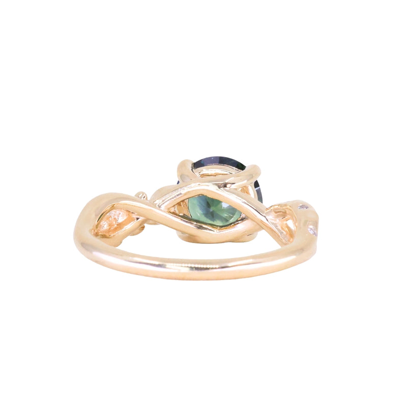 1.98ct Round Untreated Deep Parti Teal Sapphire Twisted Vine Split Shank Solitaire in 14k Yellow Gold with Diamonds