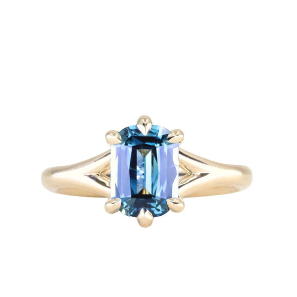 2.08ct Elongated Cushion Cut Sapphire Low Profile Six Prong Split Shank Solitaire in 14k Yellow Gold