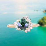2.0ct Untreated Roval Teal Green Sapphire and Diamond Asymmetrical Cluster Ring in 14k Yellow Gold
