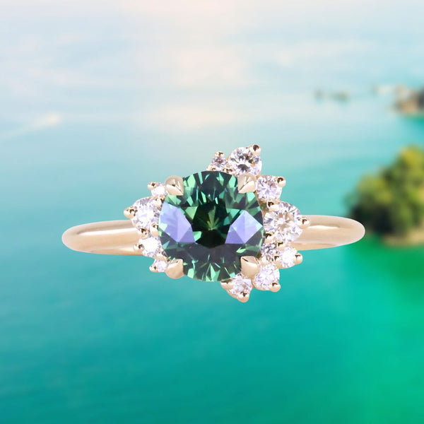 2.0ct Untreated Roval Teal Green Sapphire and Diamond Asymmetrical Cluster Ring in 14k Yellow Gold