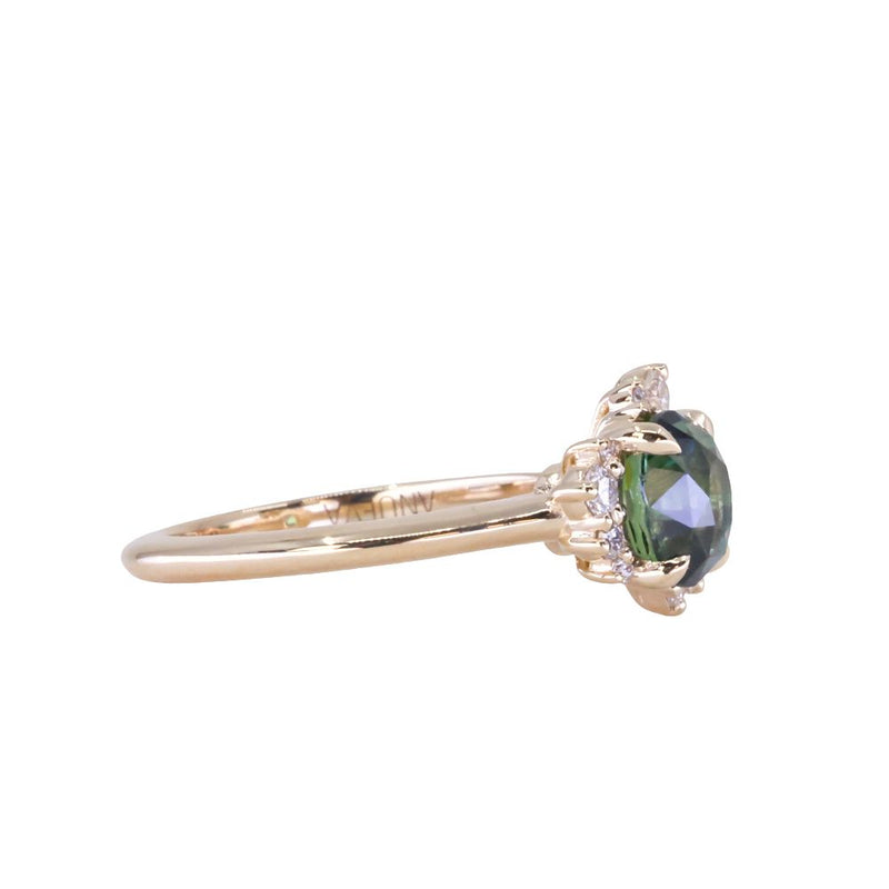 2.0ct Untreated Roval Teal Green Sapphire and Diamond Asymmetrical Cluster Ring in 14k Yellow Gold