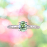 0.89ct Oval Precision Cut Spring Green Montana Sapphire Evergreen Carved 4 Prong Solitaire in 14k White Gold