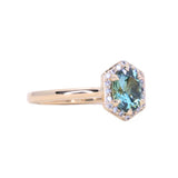 1.11ct Oval Untreated Montana Sapphire Hexagon Diamond Halo Stackable Ring in 14k Yellow Gold