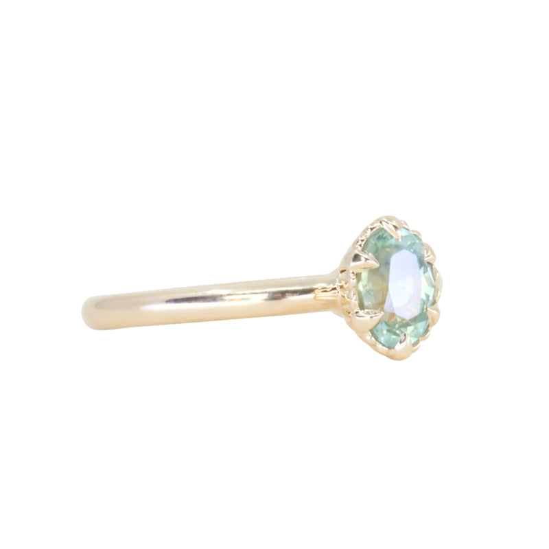0.82ct Unheated Silky Light Seafoam Teal Montana Sapphire Scallop Cup Solitaire in 14k Yellow Gold