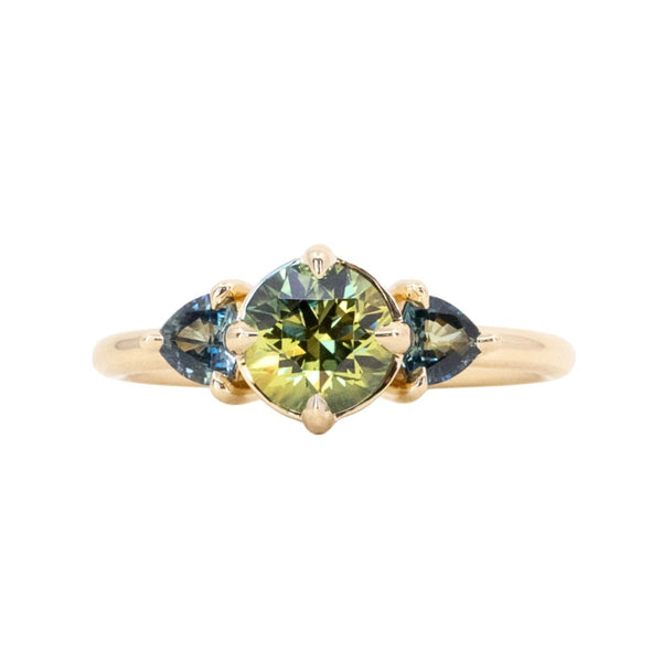 1.24ct Round Parti Green Australian Sapphire and Trillion Sapphire Low Profile Ring in 14k Yellow Gold