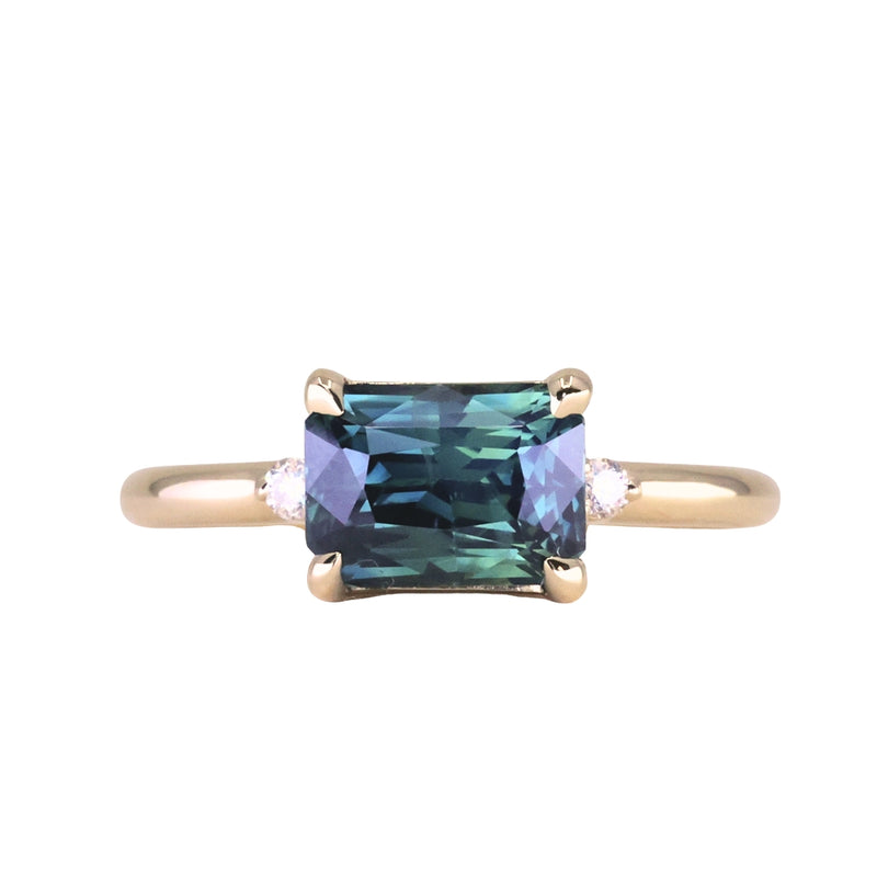 2.51ct Radiant Cut Untreated Madagascar Sapphire and Diamond Low Profile East-West Ring in 14k Yellow Gold