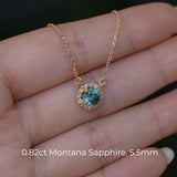 Dainty 14k Yellow Gold Montana Sapphire and Diamond Halo Necklaces