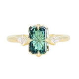 1.62ct Untreated Green Kenyan Fantasy Cut Radiant Sapphire and Kite Diamond Compass Set Three Stone Low Profile Ring in 18k Yellow Gold