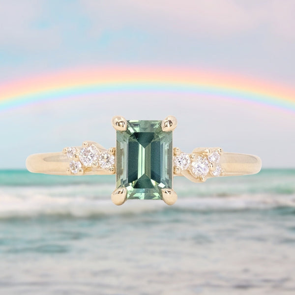 1.13ct Emerald Cut Seafoam Teal Australian Sapphire and Diamond Starry Night Low Profile Solitaire in 14k Yellow Gold