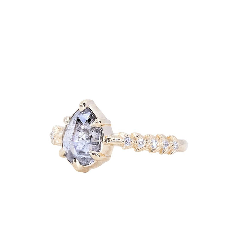 1.70ct Pear Rosecut Salt and Pepper Diamond Low Profile 6 Prong Vine Solitaire with Diamonds in 14k Yellow