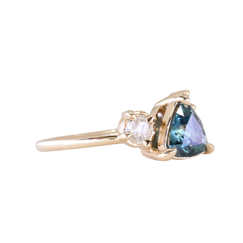 1.23ct Teal Montana Sapphire and Genuine Antique Diamond Mountainscape Ring in 14k Yellow Gold