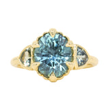 3.93ct Untreated Oval Teal Montana Sapphire and Trillion Australian Sapphire Three Stone Scallop Cup Antique Style with Milgrain Low Profile Ring in 18k Yellow Gold