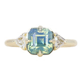 2.03ct Asscher Cut Untreated Sapphire and Trillion Diamond Antique Compass Set Low Profile Ring in 14k Green Gold