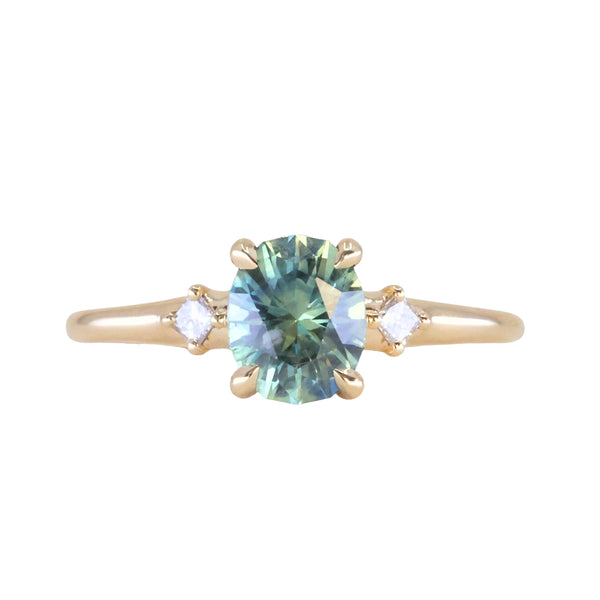 1.20ct Oval Brilliant Teal Montana Sapphire and Princess Cut Diamond Rapids Low Profile Ring in 14k Yellow Gold