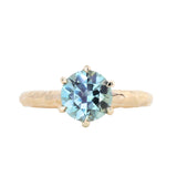 2.10ct Round Parti Blue Montana Sapphire Six Prong Evergreen Carved Solitaire in 14k Yellow Gold