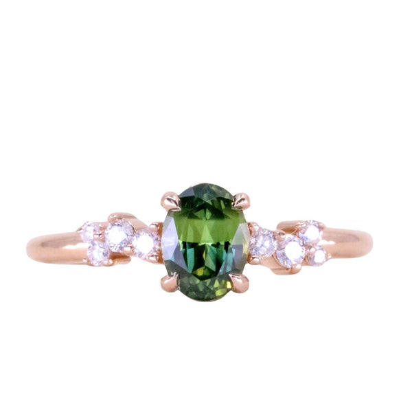 0.77ct Green Australian Oval Sapphire and Diamond Starry Night Low Profile Solitaire in 14k Rose Gold