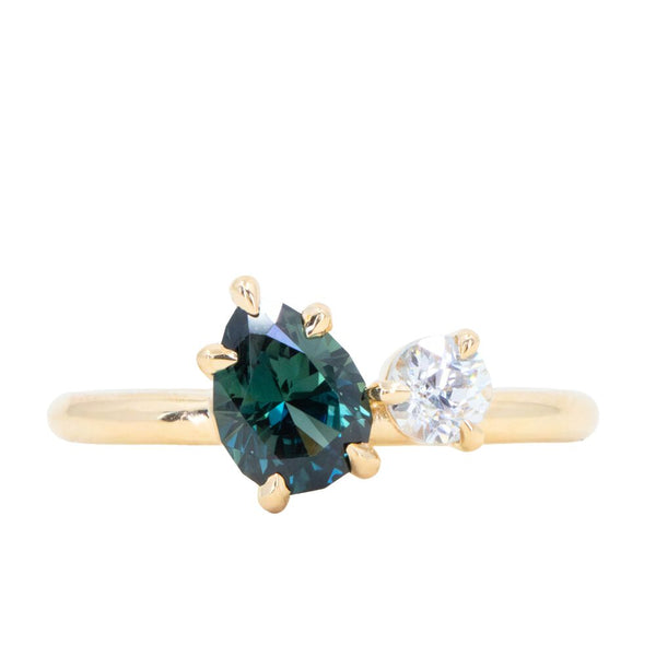 1.02ct Teal Pear Sapphire and Antique Diamond Toi Et Moi Ring in 18k Yellow Gold