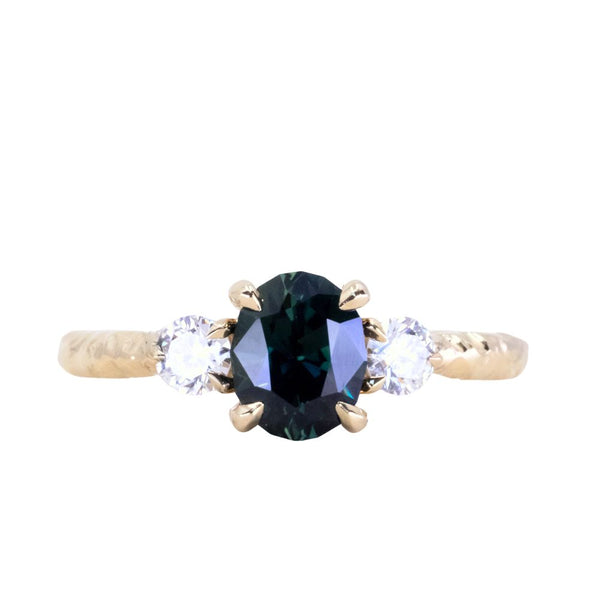 1.49ct Untreated Oval Nigerian Deep Teal Sapphire and Lab Grown Diamond Dainty Three Stone Ring in 14k Yellow Gold