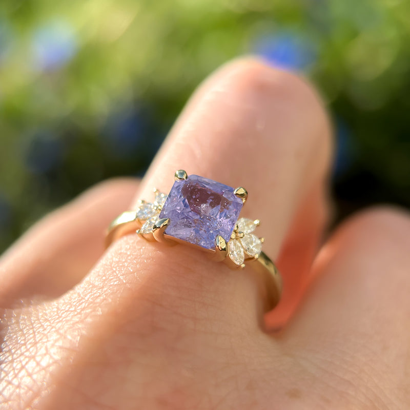 2.45ct Lavender Square Radiant Sapphire and Lab Grown Marquise Diamond Cluster Ring in 14k Yellow Gold