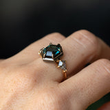 3.47ct Elongated Hexagon Deep Teal Sapphire and Salt and Pepper Diamond Three Stone Ring in 18k Yellow and Blackened Gold