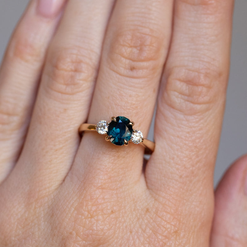 1.35ct Nigerian Deep Teal Oval Sapphire and Lab Diamond Three Stone Ring in 14K Yellow Gold