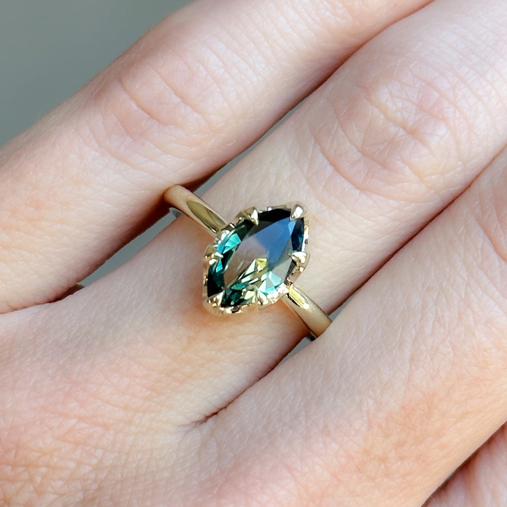 1.56ct Australian Marquise Parti Sapphire Low Profile 6 Prong Solitaire in 14k Green Gold