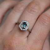 1.30ct Hexagon Montana Sapphire Bezel Set Diamond Halo Ring in Platinum