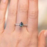 1.30ct Teal Blue Pear Sapphire and French Set Diamond Solitaire in 14K White Gold