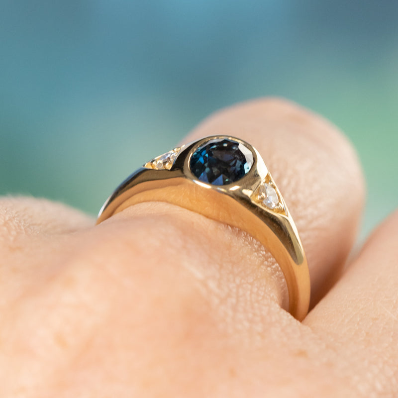 1.51ct Oval Blue Untreated Montana Sapphire Signet Style Ring with Diamonds in 14k Yellow Gold