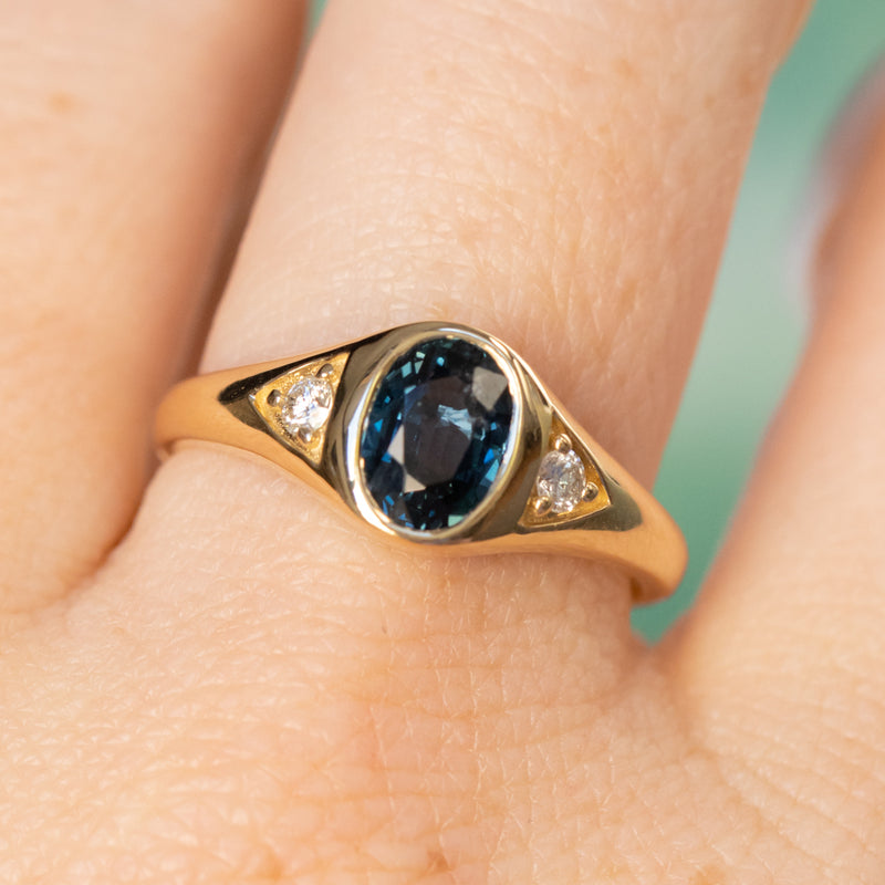 1.51ct Oval Blue Untreated Montana Sapphire Signet Style Ring with Diamonds in 14k Yellow Gold