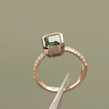 3.02ct Emerald Cut Madagascar Minty Sapphire Low Profile Bezel Solitaire Ring with French Set Diamonds in 14k Yellow Gold