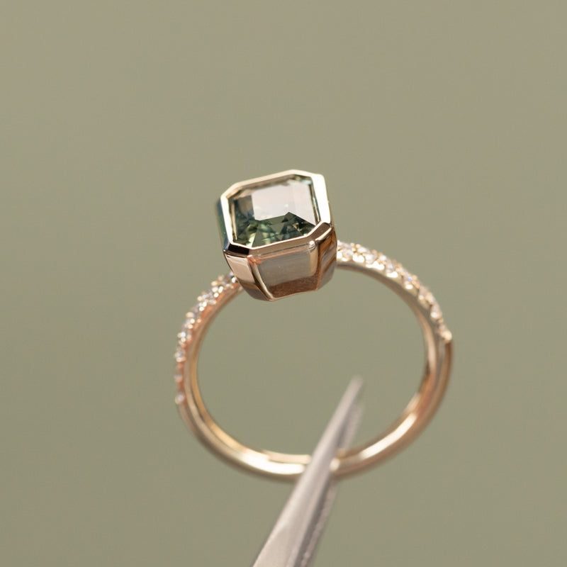 3.02ct Emerald Cut Madagascar Minty Sapphire Low Profile Bezel Solitaire Ring with French Set Diamonds in 14k Yellow Gold