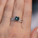 1.50ct Round Untreated Teal Blue Sapphire Double Prong Solitaire with French Set Diamonds in Platinum