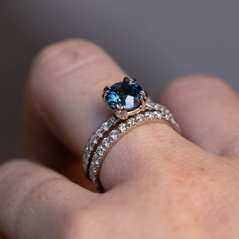 1.50ct Round Untreated Teal Blue Sapphire Double Prong Solitaire with French Set Diamonds in Platinum