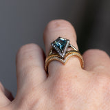 1.47ct Geo Kite Madagascar Sapphire and Blackened Gold Diamond Split Shank Low Profile Halo in 14k Yellow Gold