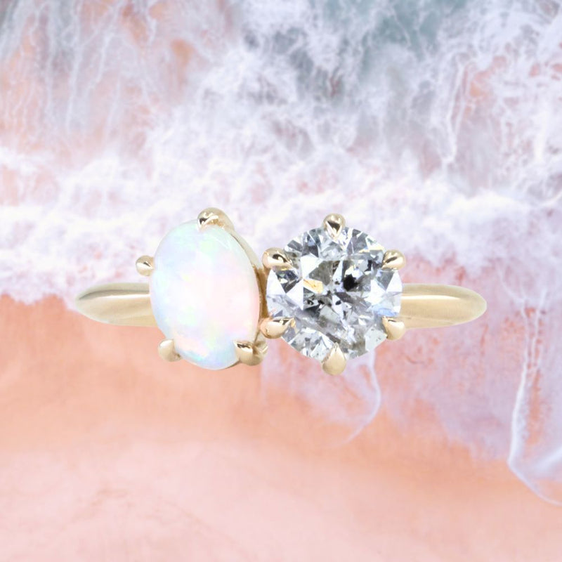 Toi Et Moi 1.16ct Salt and Pepper Diamond and Opal Ring in 14k Yellow gold