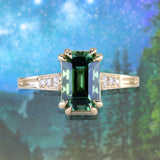 2.0ct Emerald Cut Green Tourmaline and Diamond Vintage Cathedral Double Prong Ring in 14k Yellow Gold