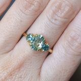 1.74ct Unheated Oval Montana Sapphire and Madagascar Sapphire Low Profile Three Stone Ring in 18k Yellow Gold