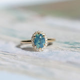 1.63ct Oval Untreated Madagascar Teal Sapphire Antique-Style Diamond Halo Ring in 14k Yellow Gold
