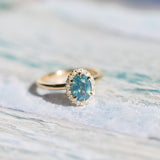 1.63ct Oval Untreated Madagascar Teal Sapphire Antique-Style Diamond Halo Ring in 14k Yellow Gold