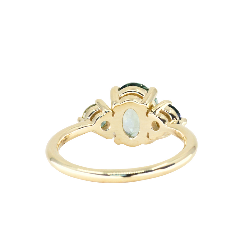 1.74ct Unheated Oval Montana Sapphire and Madagascar Sapphire Low Profile Three Stone Ring in 18k Yellow Gold