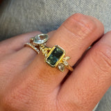 1.45ct Untreated Montana Sapphire Wandering Vine Low Profile Bezel Ring with Pear Diamond in 18k Yellow Gold