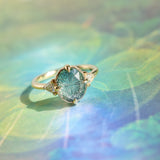 3.05ct Untreated Fantasy Cut Green Sapphire and Diamond Three Stone Antique Compass Style Low Profile Ring in 18k Yellow Gold