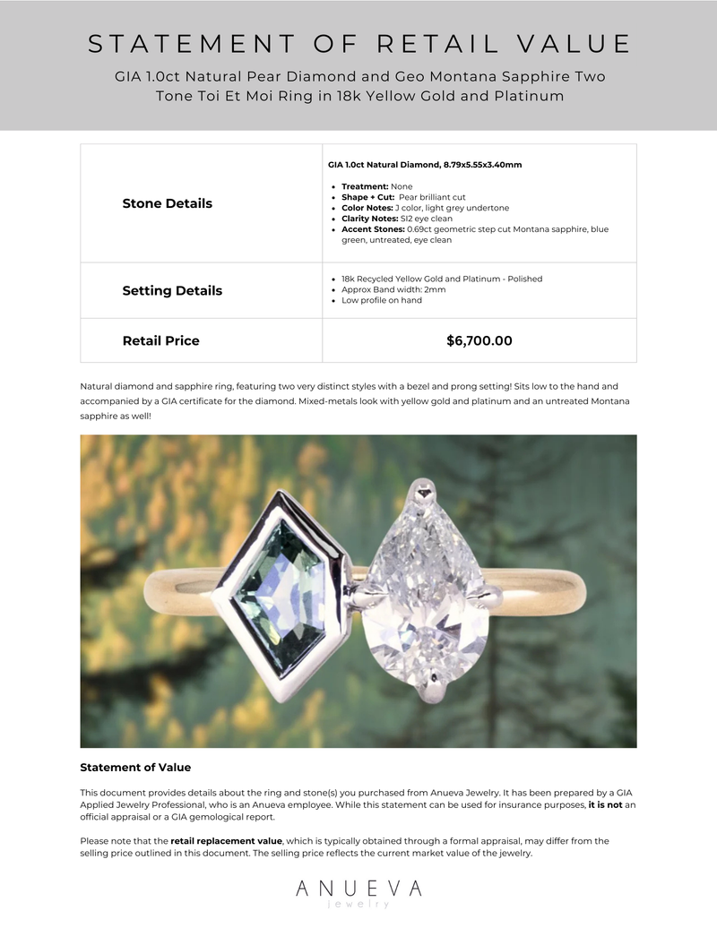 GIA 1.0ct Natural Pear Diamond and Geo Montana Sapphire Two Tone Toi Et Moi Ring in 18k Yellow Gold and Platinum