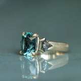 4.86ct Teal Elongated Cushion Sapphire and Salt and Pepper Diamond Three Stone Ring in 14k Yellow