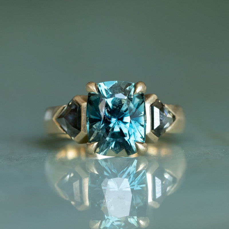 4.86ct Teal Elongated Cushion Sapphire and Salt and Pepper Diamond Three Stone Ring in 14k Yellow